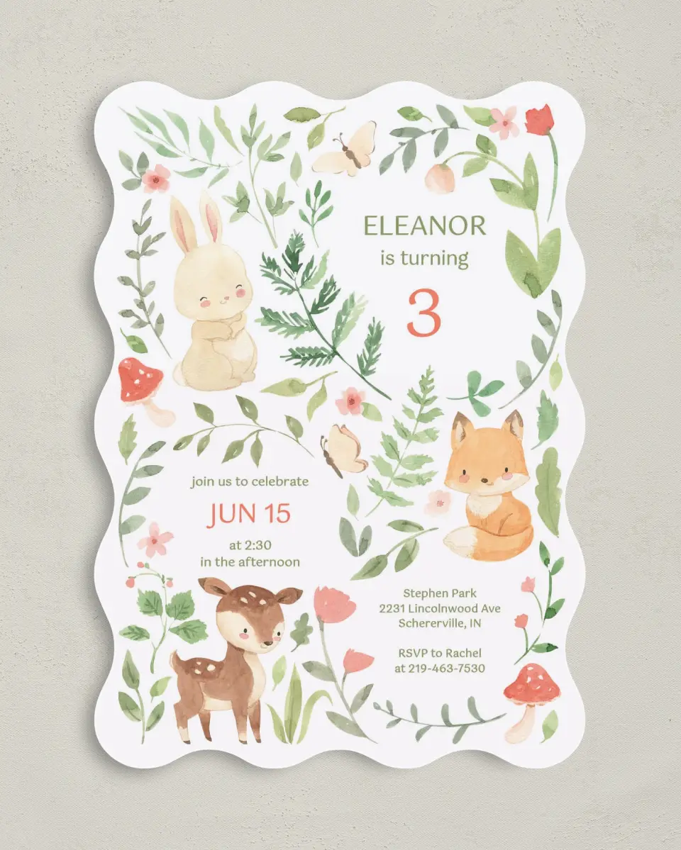 This is a 5" x 7" Birthday Party Invitation called Flora & Fauna printed in full color on Premium Smooth paper