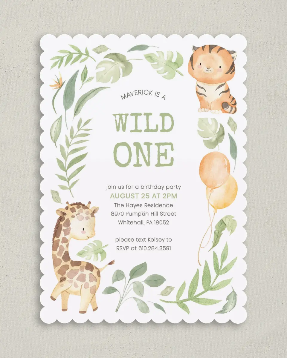 This is a 5" x 7" Birthday Party Invitation called Wild One printed in full color on Premium Smooth paper
