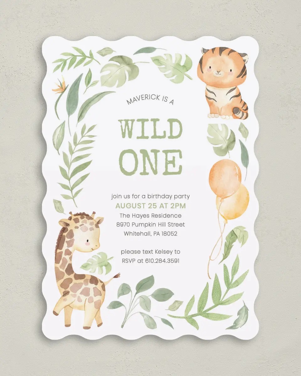 This is a 5" x 7" Birthday Party Invitation called Wild One printed in full color on Premium Smooth paper