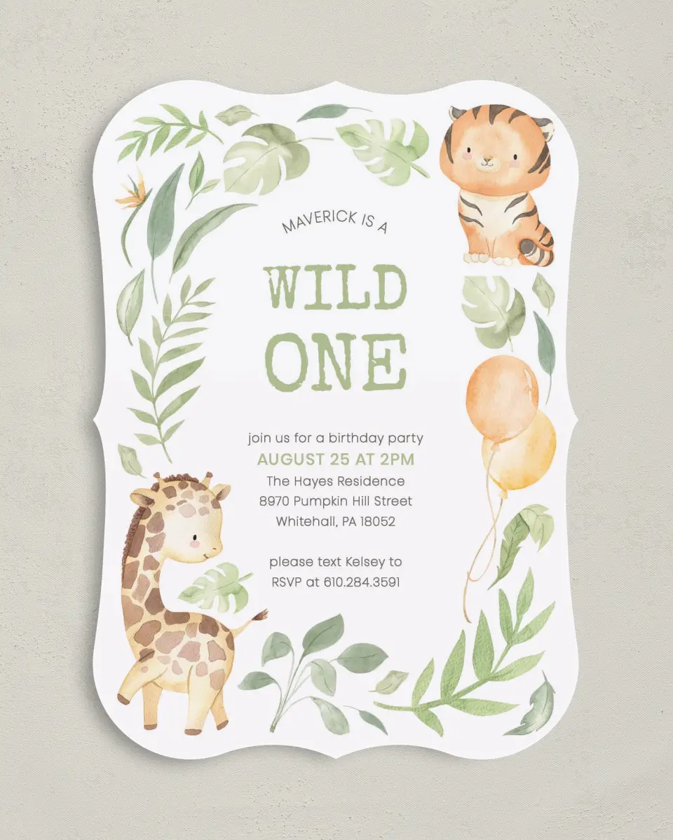 This is a 5" x 7" Birthday Party Invitation called Wild One printed in full color with Gold foil on Luxe Satin (coated) paper