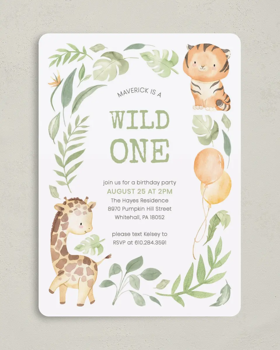 This is a 5" x 7" Birthday Party Invitation called Wild One printed in full color on Premium Smooth paper