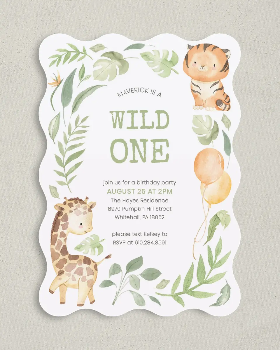 This is a 5" x 7" Birthday Party Invitation called Wild One printed in full color on Premium Smooth paper