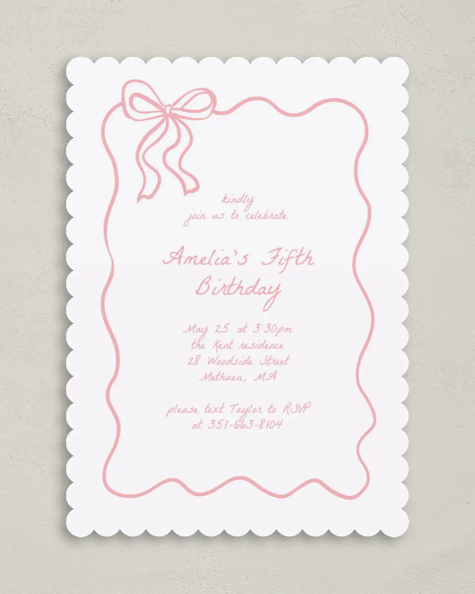 This is a 5" x 7" Birthday Party Invitation called Ribboned Reverie printed in full color on Premium Smooth paper