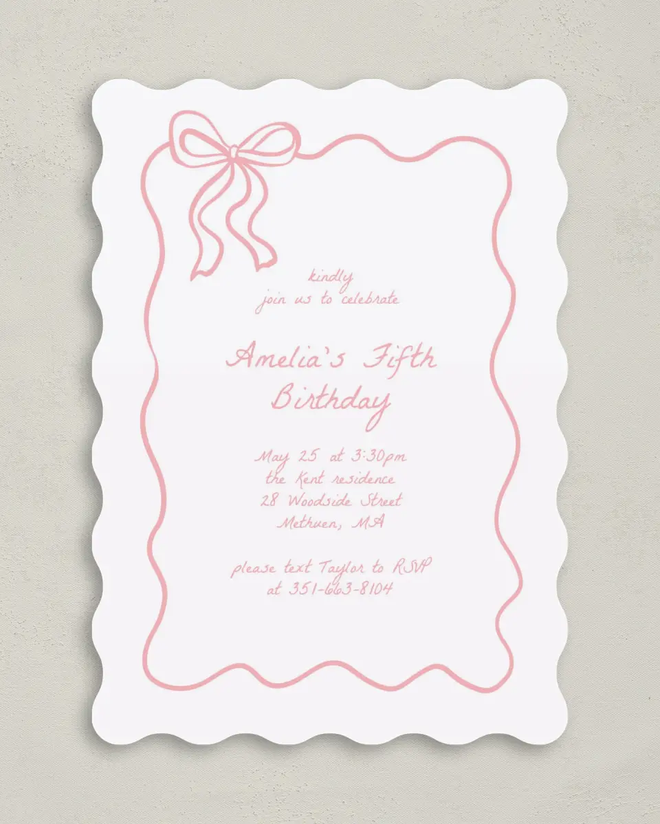 This is a 5" x 7" Birthday Party Invitation called Ribboned Reverie printed in full color on Premium Smooth paper