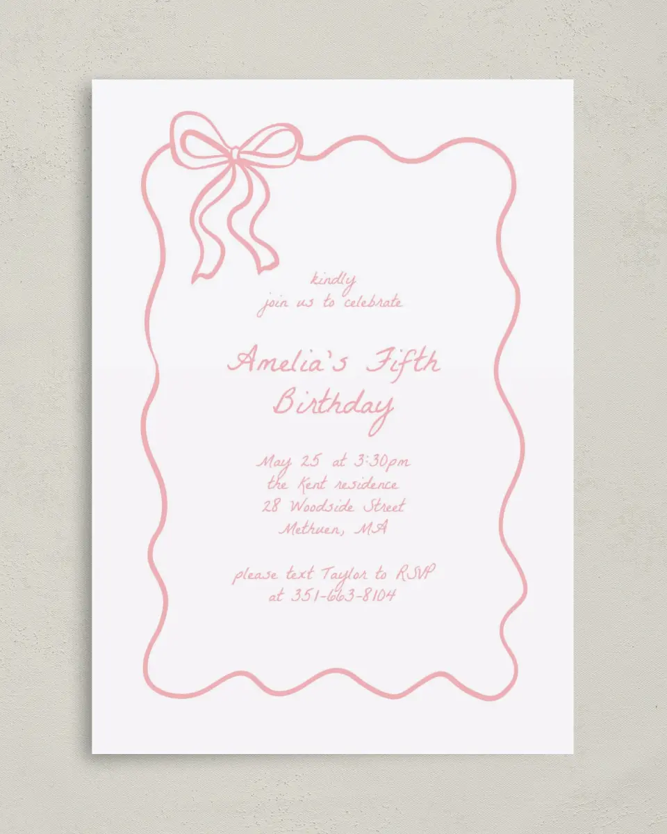 This is a 5" x 7" Birthday Party Invitation called Ribboned Reverie printed in full color on Premium Smooth paper