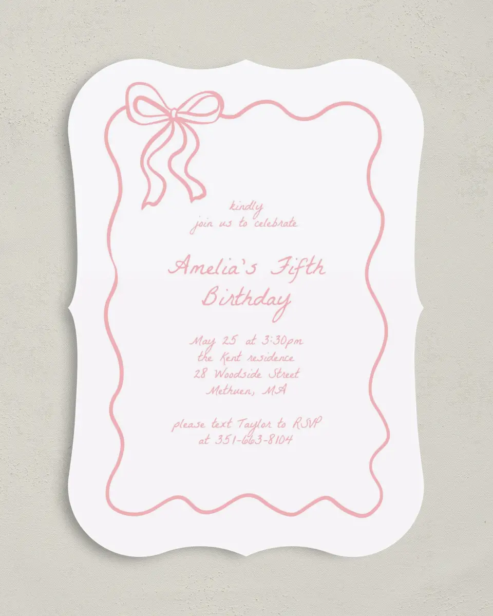 This is a 5" x 7" Birthday Party Invitation called Ribboned Reverie printed in full color with Gold foil on Luxe Satin (coated) paper