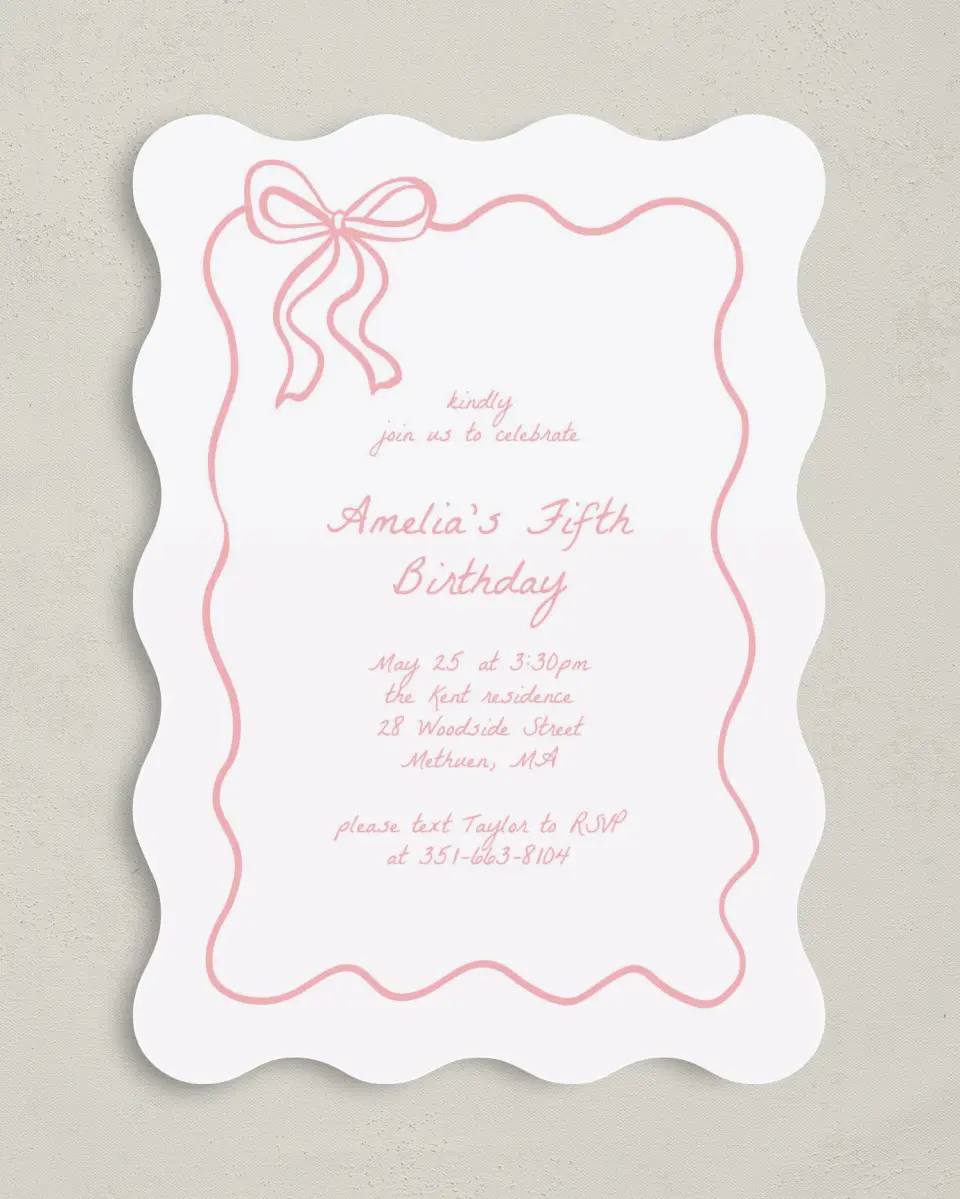 This is a 5" x 7" Birthday Party Invitation called Ribboned Reverie printed in full color on Premium Smooth paper