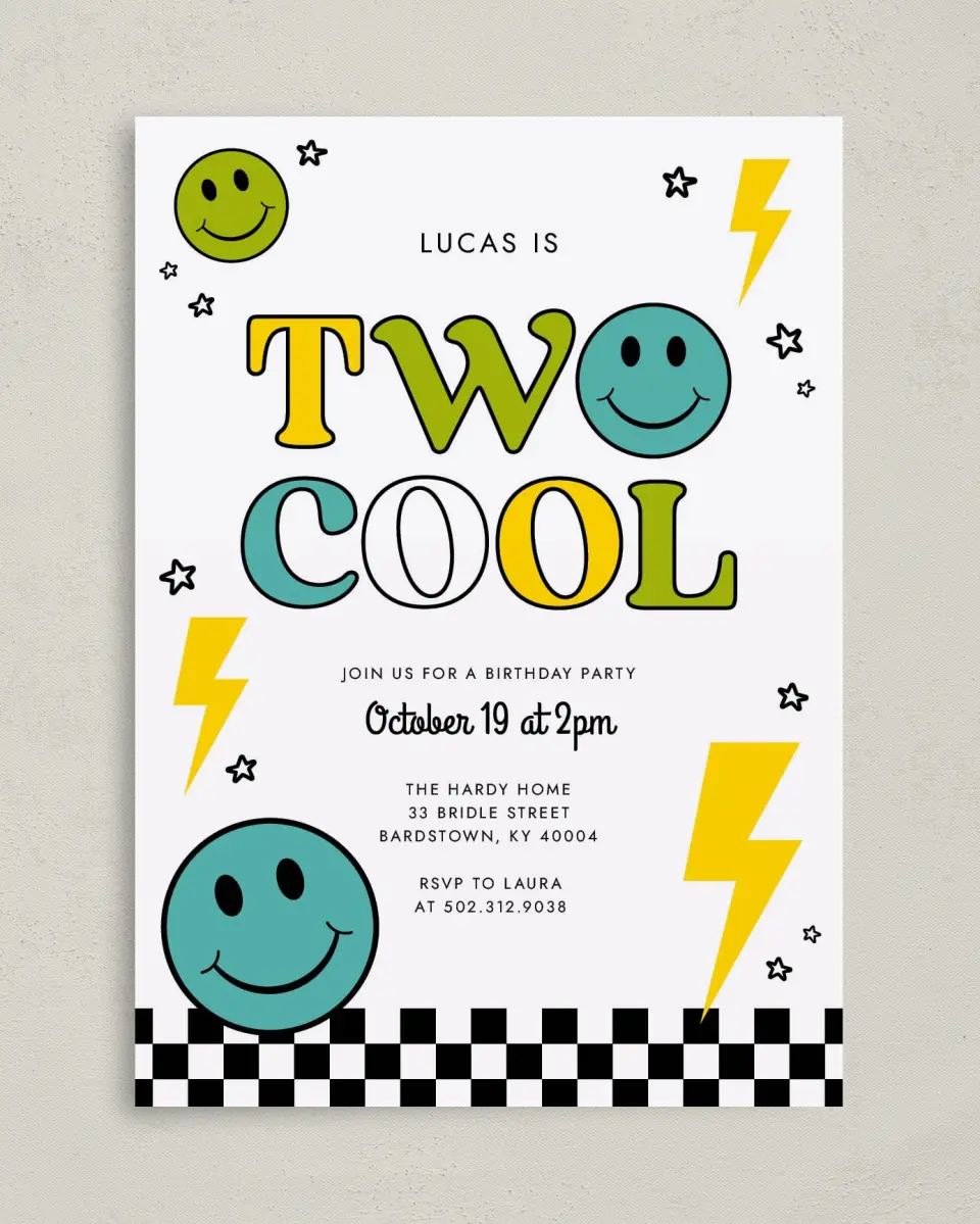This is a 5" x 7" Birthday Party Invitation called Two Cool printed in full color on Premium Smooth paper