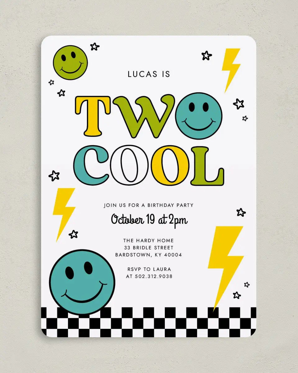 This is a 5" x 7" Birthday Party Invitation called Two Cool printed in full color on Premium Smooth paper