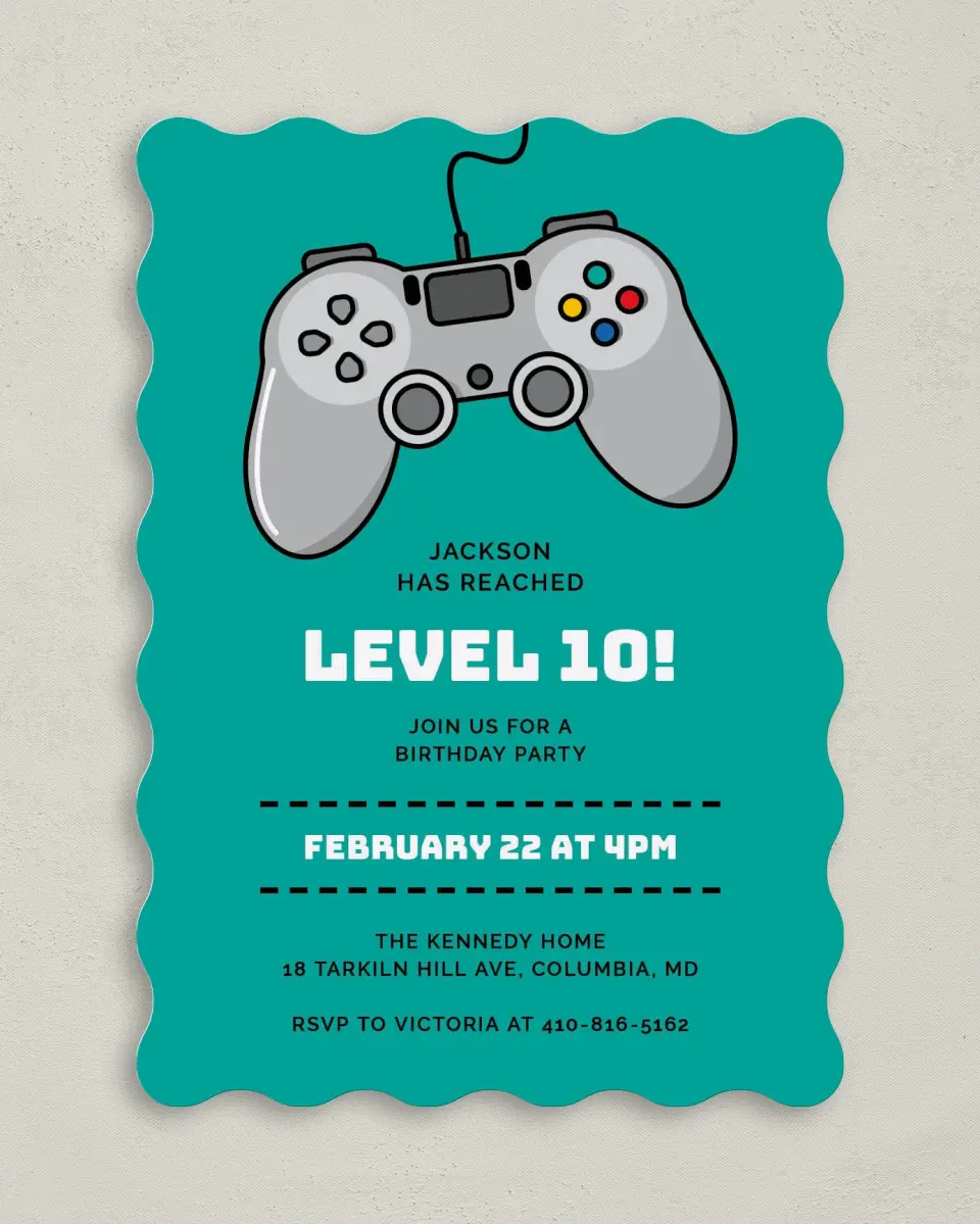 This is a 5" x 7" Birthday Party Invitation called Level Up printed in full color on Premium Smooth paper