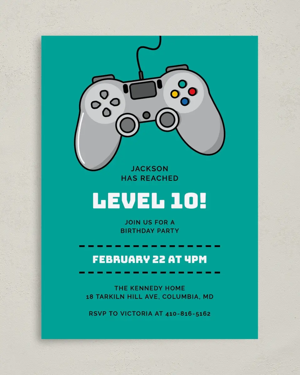 This is a 5" x 7" Birthday Party Invitation called Level Up printed in full color on Premium Smooth paper