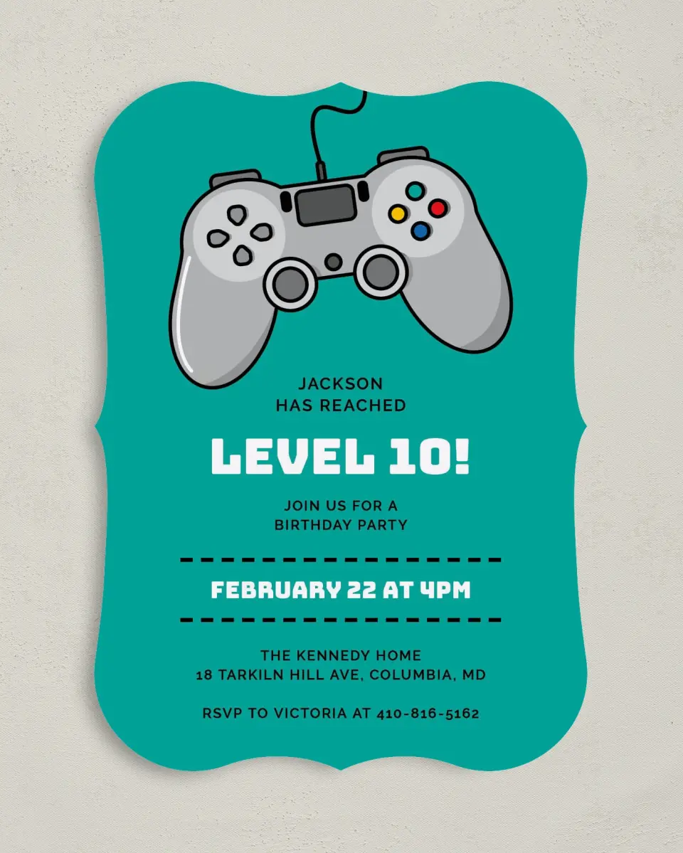This is a 5" x 7" Birthday Party Invitation called Level Up printed in full color with Gold foil on Luxe Satin (coated) paper