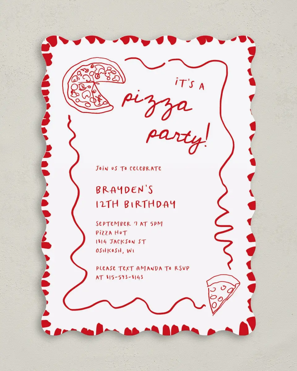 This is a 5" x 7" Birthday Party Invitation called Pizza Party printed in full color on Premium Smooth paper