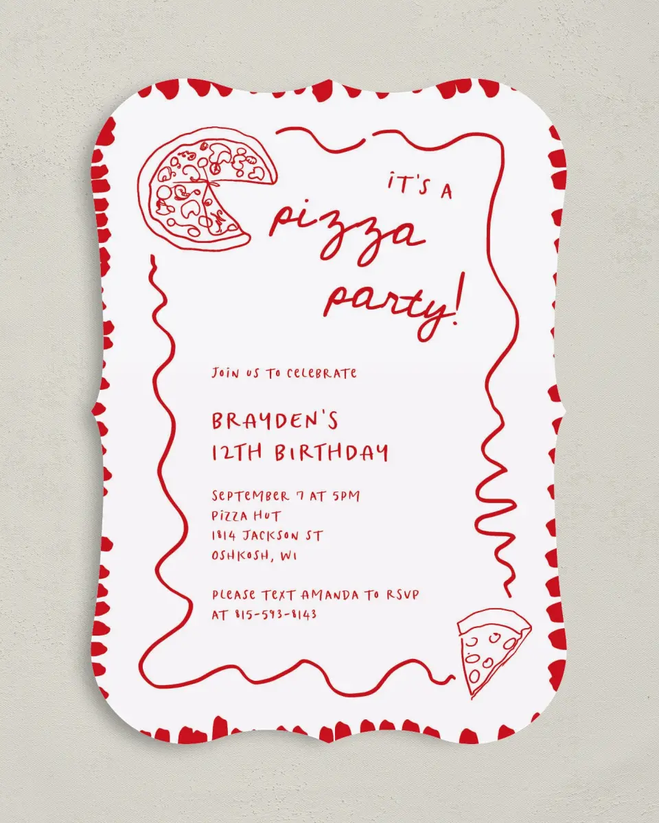 This is a 5" x 7" Birthday Party Invitation called Pizza Party printed in full color with Gold foil on Luxe Satin (coated) paper