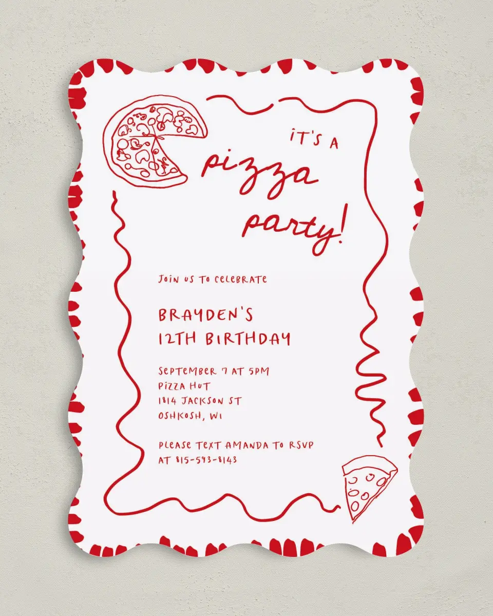 This is a 5" x 7" Birthday Party Invitation called Pizza Party printed in full color on Premium Smooth paper