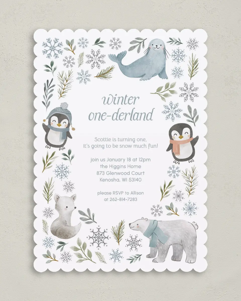This is a 5" x 7" Birthday Party Invitation called Winter Wonderland printed in full color on Premium Smooth paper