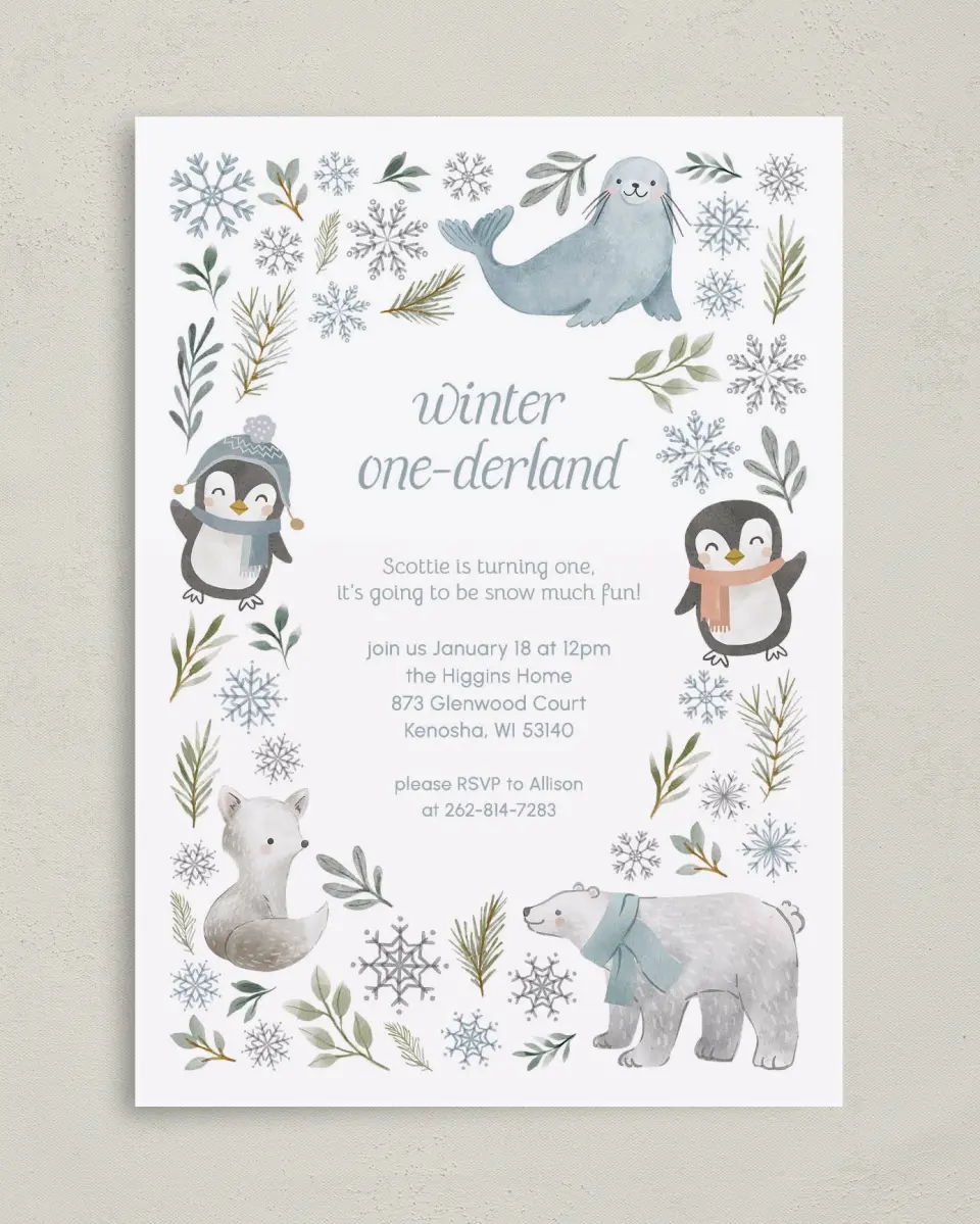 This is a 5" x 7" Birthday Party Invitation called Winter Wonderland printed in full color on Premium Smooth paper