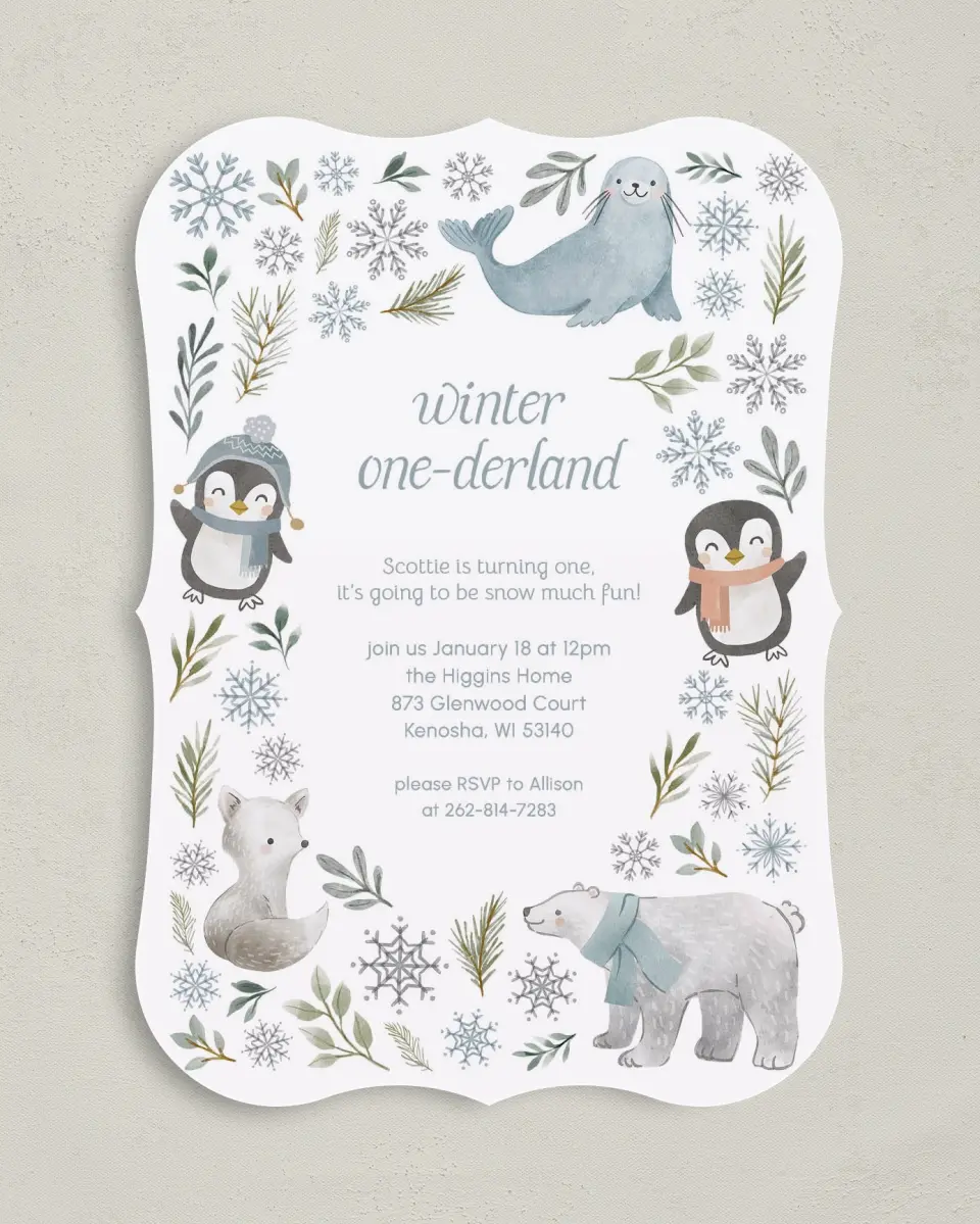 This is a 5" x 7" Birthday Party Invitation called Winter Wonderland printed in full color with Gold foil on Luxe Satin (coated) paper