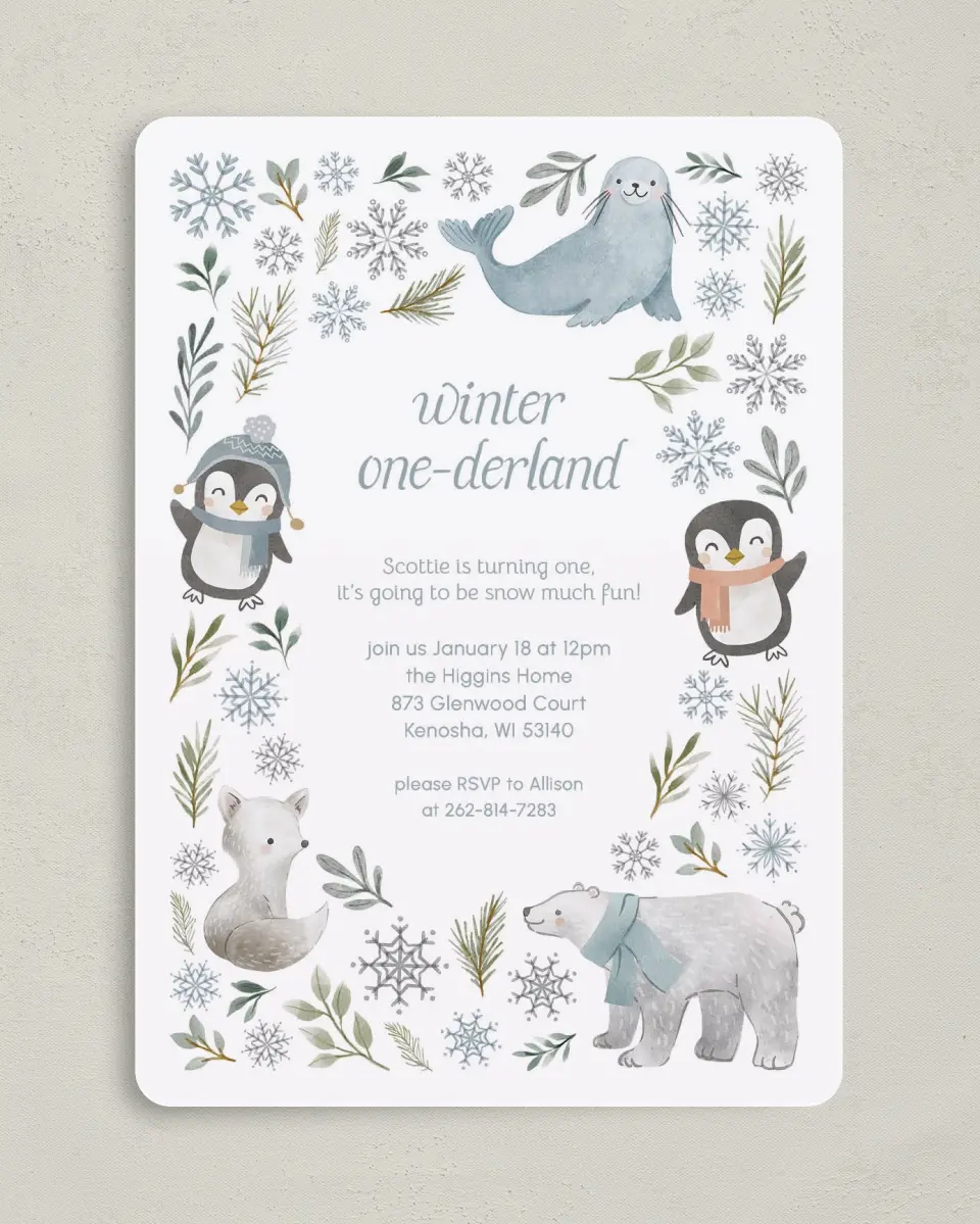 This is a 5" x 7" Birthday Party Invitation called Winter Wonderland printed in full color on Premium Smooth paper