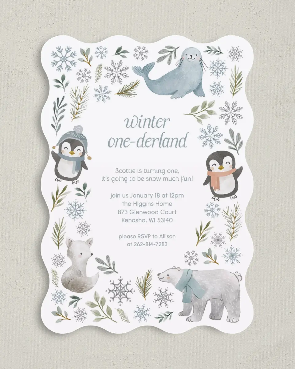 This is a 5" x 7" Birthday Party Invitation called Winter Wonderland printed in full color on Premium Smooth paper