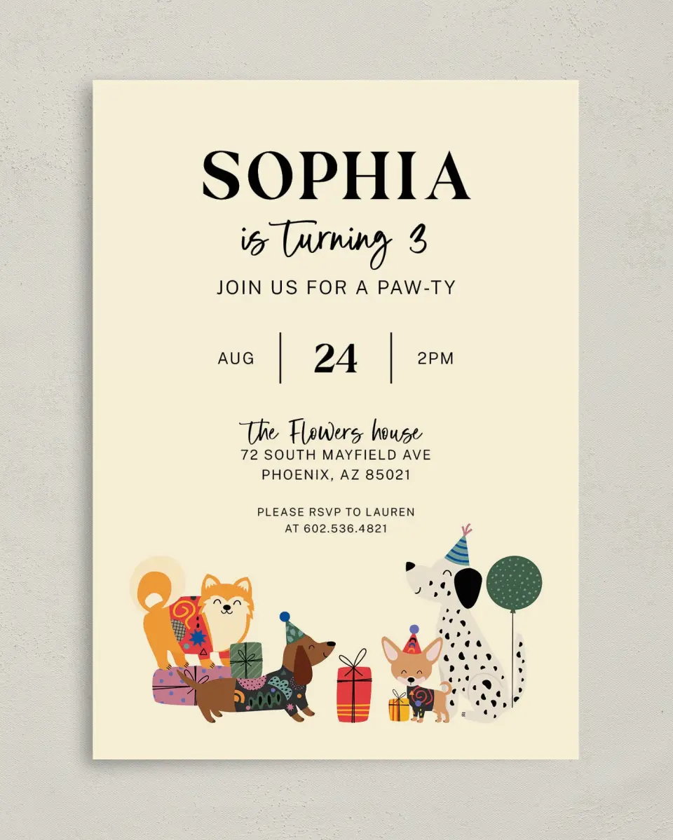 This is a 5" x 7" Birthday Party Invitation called Party Pups printed in full color on Premium Smooth paper