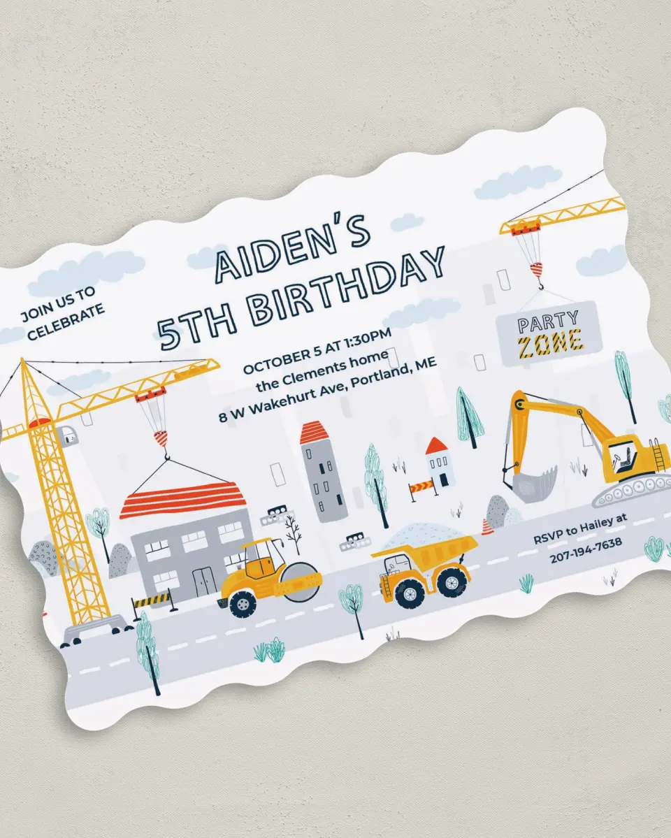 This is a 5" x 7" Birthday Party Invitation called Under Construction printed in full color on Premium Smooth paper