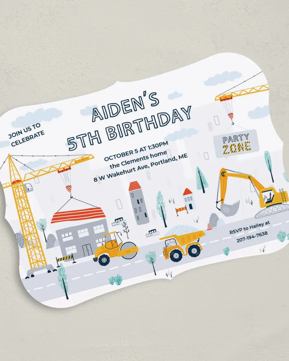 This is a 5" x 7" Birthday Party Invitation called Under Construction printed in full color with Gold foil on Luxe Satin (coated) paper