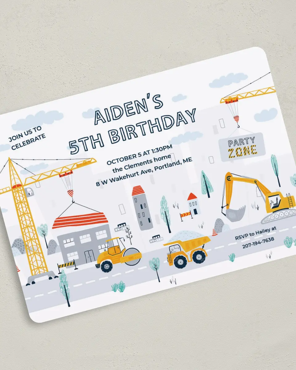 This is a 5" x 7" Birthday Party Invitation called Under Construction printed in full color with Gold foil on Luxe Satin (coated) paper