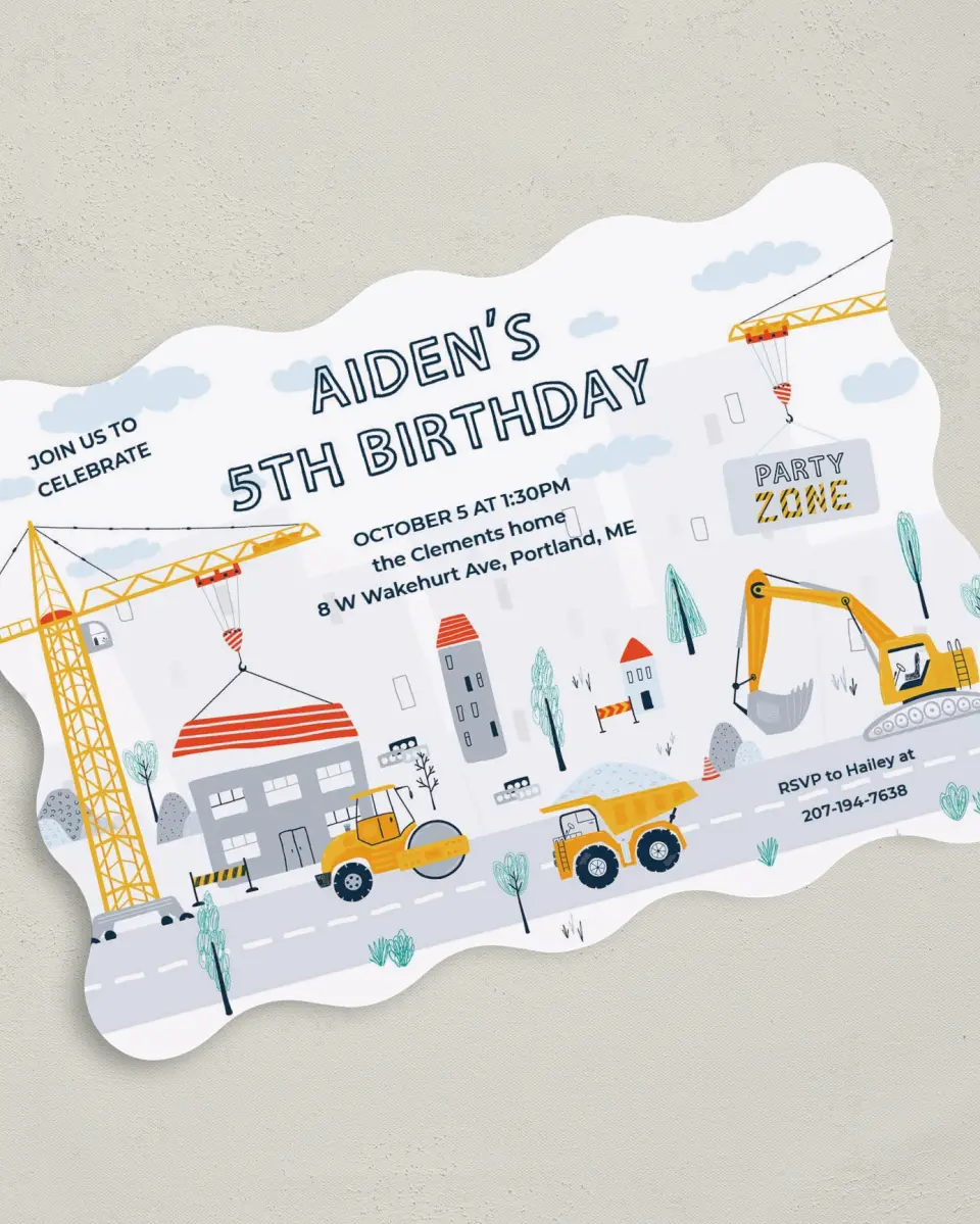 This is a 5" x 7" Birthday Party Invitation called Under Construction printed in full color on Premium Smooth paper