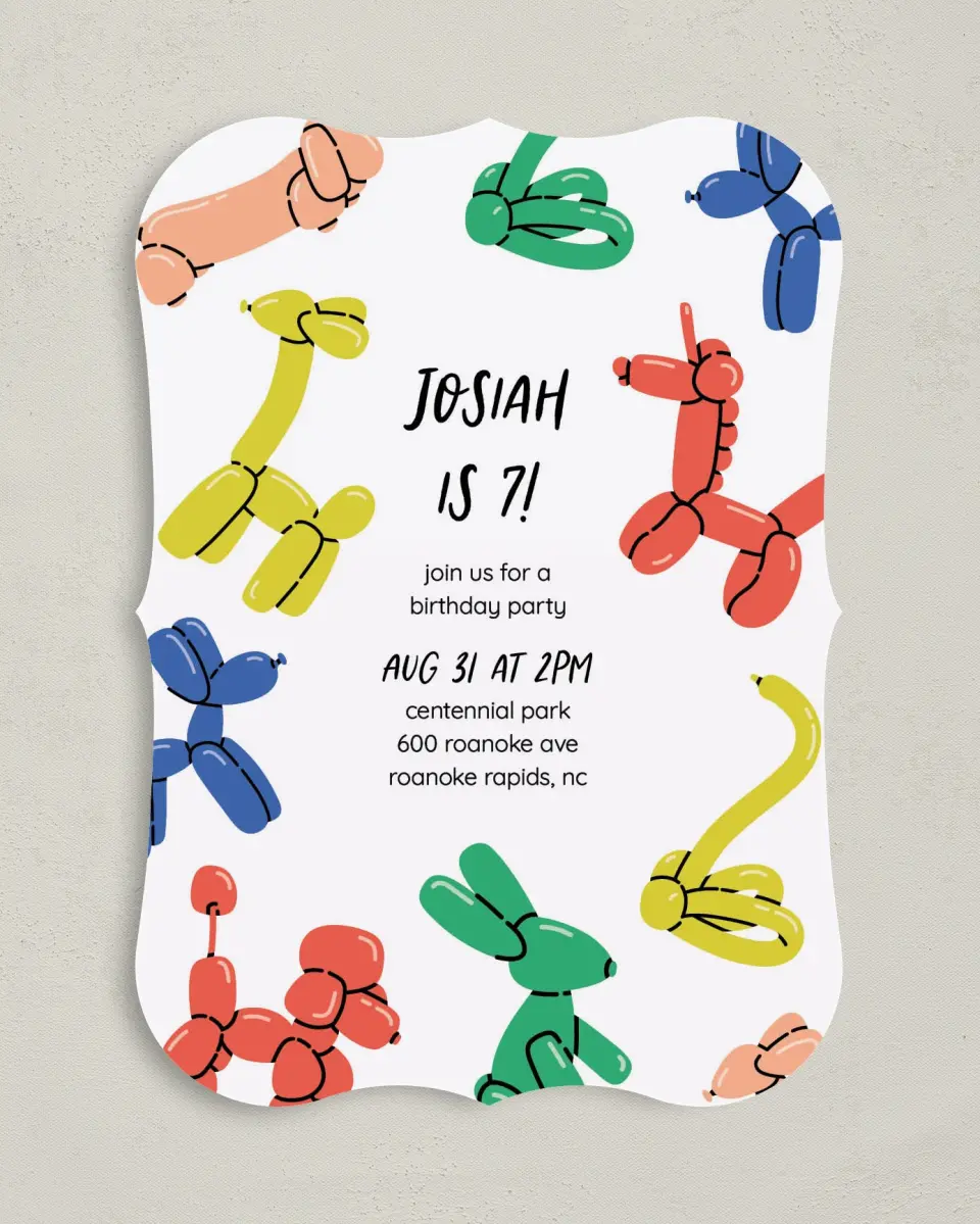 This is a 5" x 7" Birthday Party Invitation called Balloon Blast printed in full color with Gold foil on Luxe Satin (coated) paper