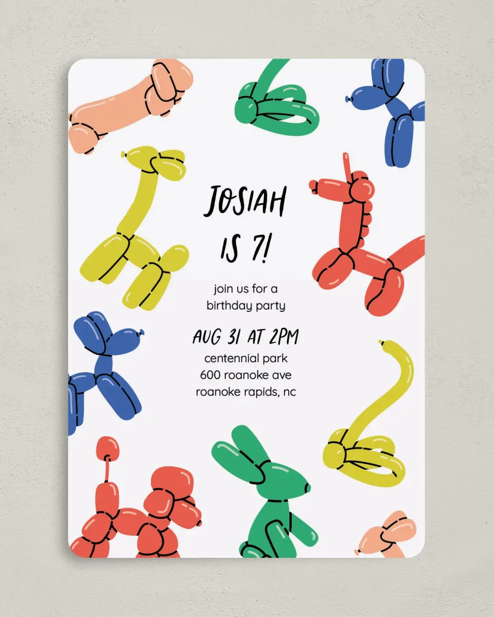 This is a 5" x 7" Birthday Party Invitation called Balloon Blast printed in full color with Gold foil on Luxe Satin (coated) paper