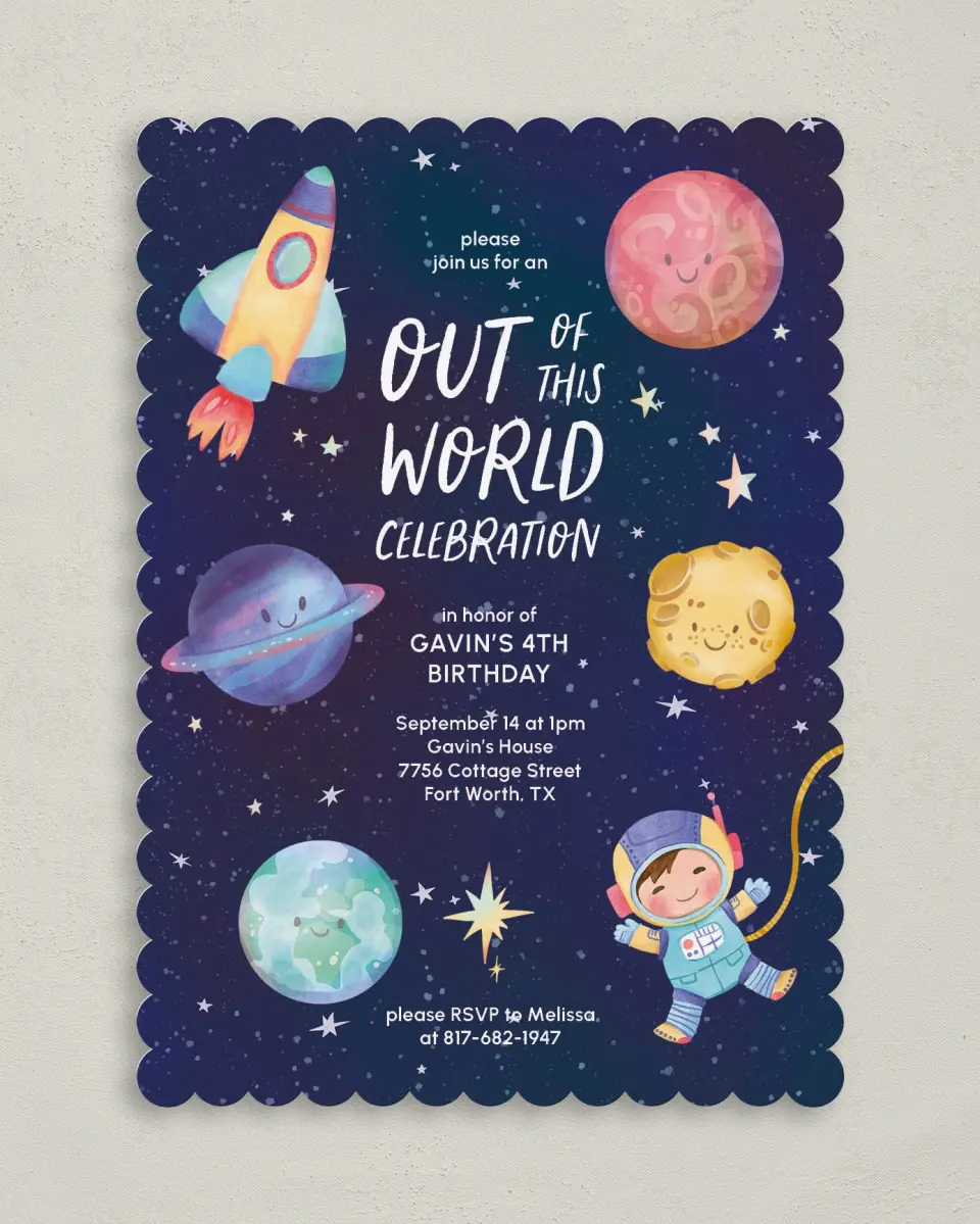 This is a 5" x 7" Birthday Party Invitation called Out of this World printed in full color on Premium Smooth paper
