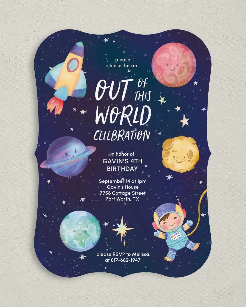 This is a 5" x 7" Birthday Party Invitation called Out of this World printed in full color with Gold foil on Luxe Satin (coated) paper