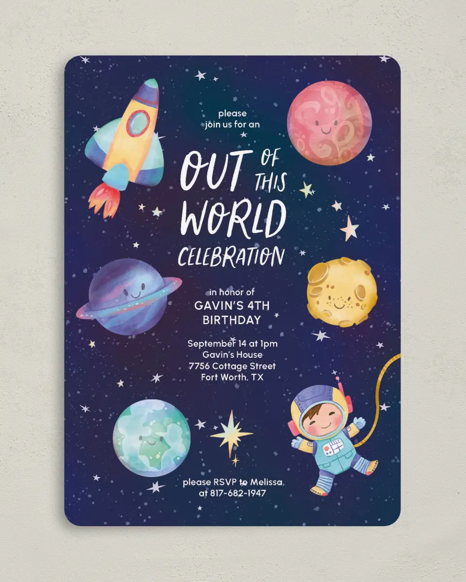 This is a 5" x 7" Birthday Party Invitation called Out of this World printed in full color with Gold foil on Luxe Satin (coated) paper