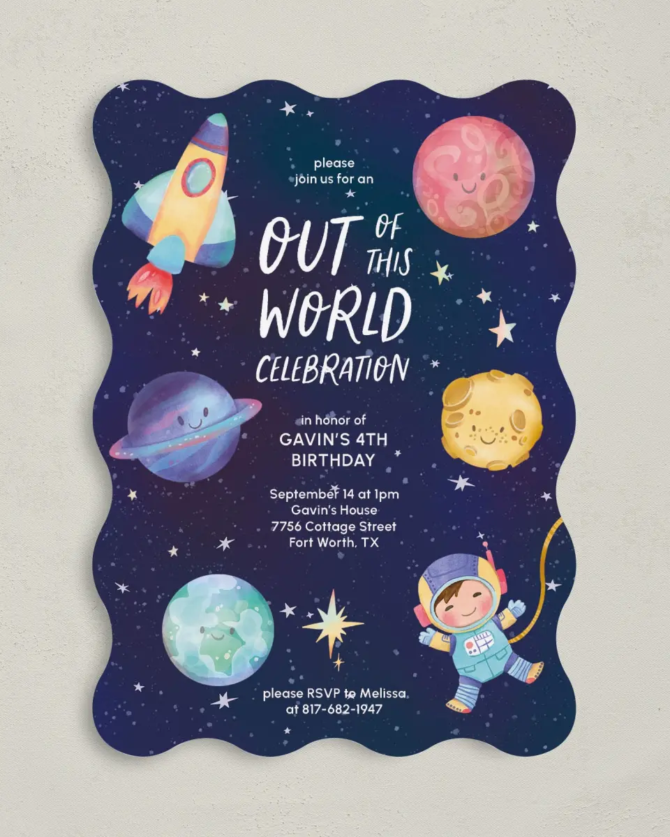 This is a 5" x 7" Birthday Party Invitation called Out of this World printed in full color on Premium Smooth paper