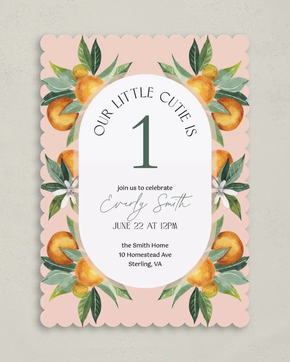This is a 5" x 7" Birthday Party Invitation called Our Cutie printed in full color on Premium Smooth paper