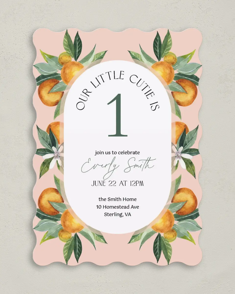 This is a 5" x 7" Birthday Party Invitation called Our Cutie printed in full color on Premium Smooth paper