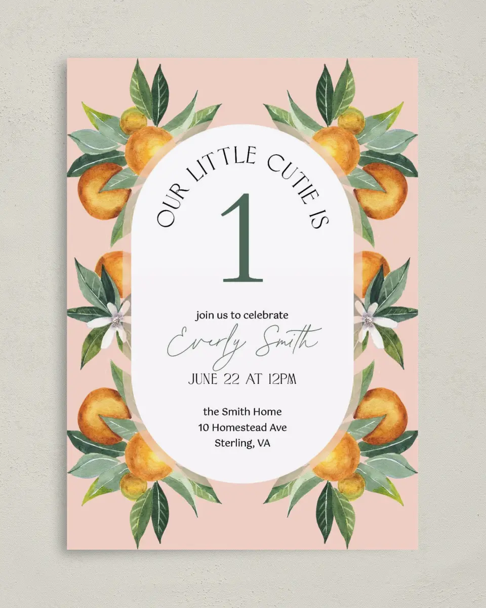 This is a 5" x 7" Birthday Party Invitation called Our Cutie printed in full color on Premium Smooth paper