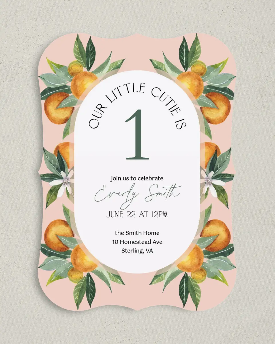 This is a 5" x 7" Birthday Party Invitation called Our Cutie printed in full color with Gold foil on Luxe Satin (coated) paper