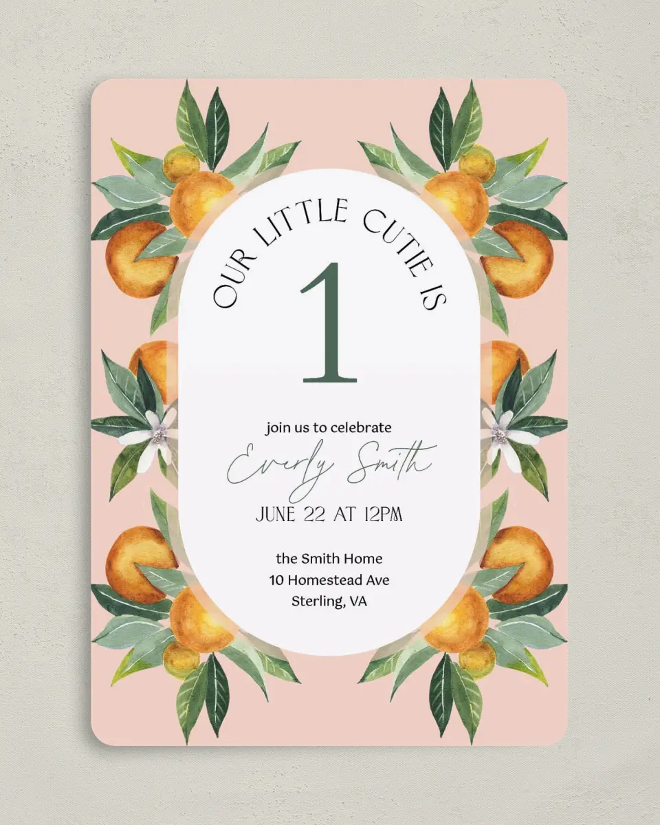 This is a 5" x 7" Birthday Party Invitation called Our Cutie printed in full color with Gold foil on Luxe Satin (coated) paper