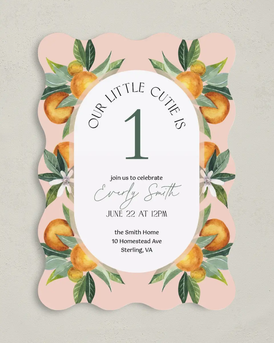 This is a 5" x 7" Birthday Party Invitation called Our Cutie printed in full color on Premium Smooth paper
