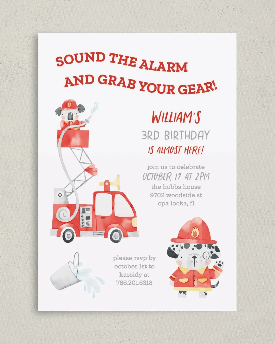 This is a 5" x 7" Birthday Party Invitation called Sound the Alarm printed in full color on Premium Smooth paper