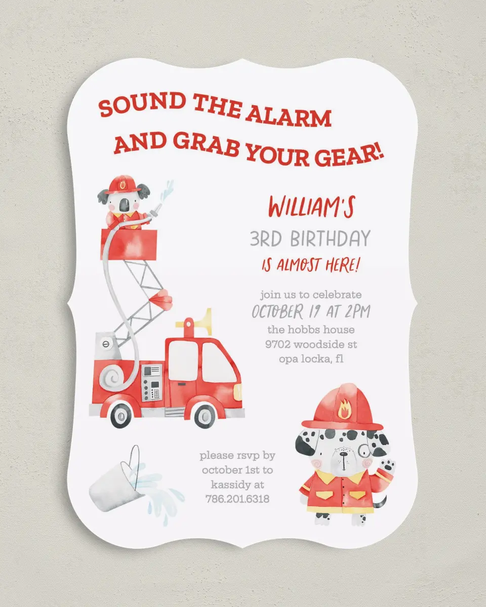 This is a 5" x 7" Birthday Party Invitation called Sound the Alarm printed in full color with Gold foil on Luxe Satin (coated) paper