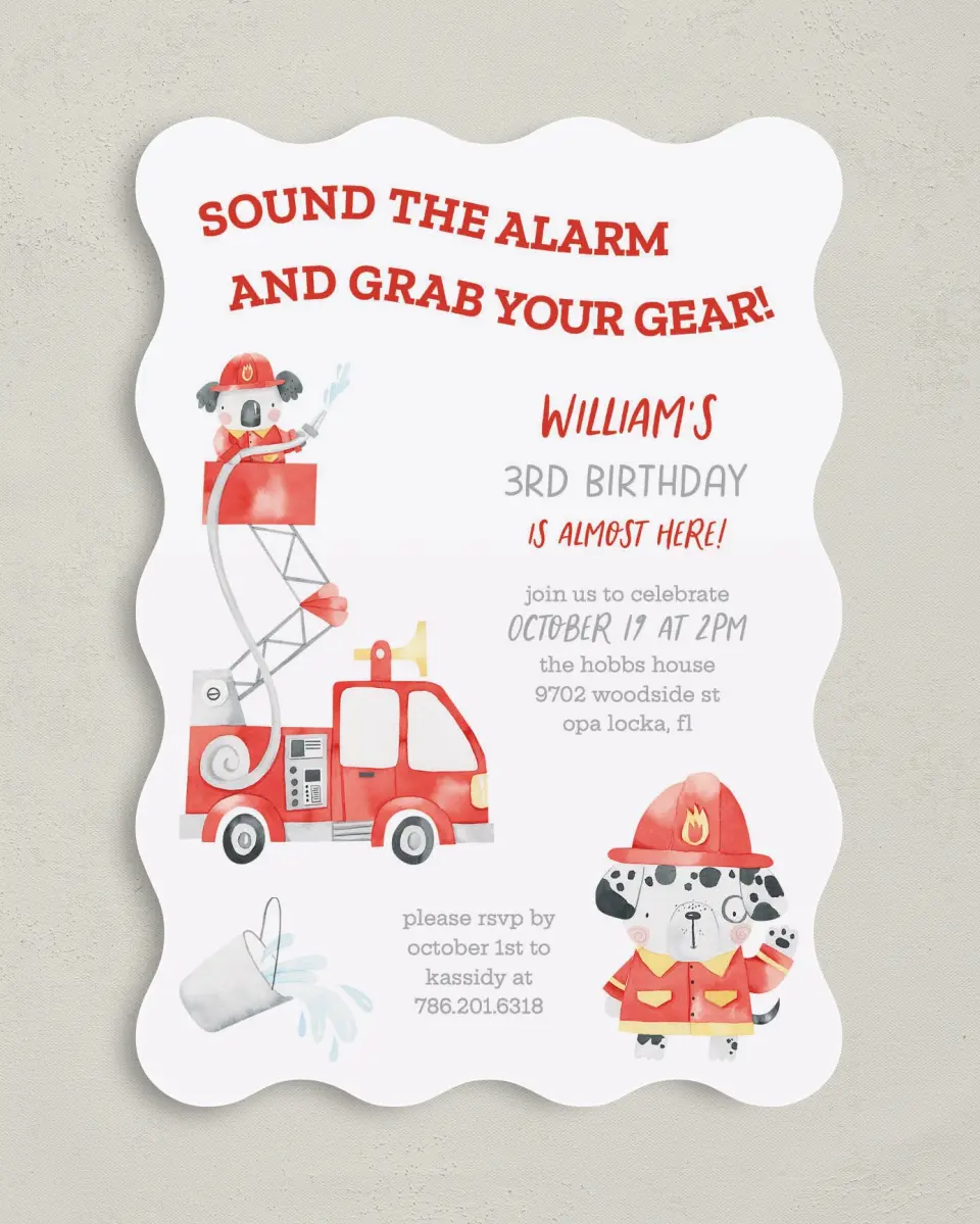 This is a 5" x 7" Birthday Party Invitation called Sound the Alarm printed in full color on Premium Smooth paper