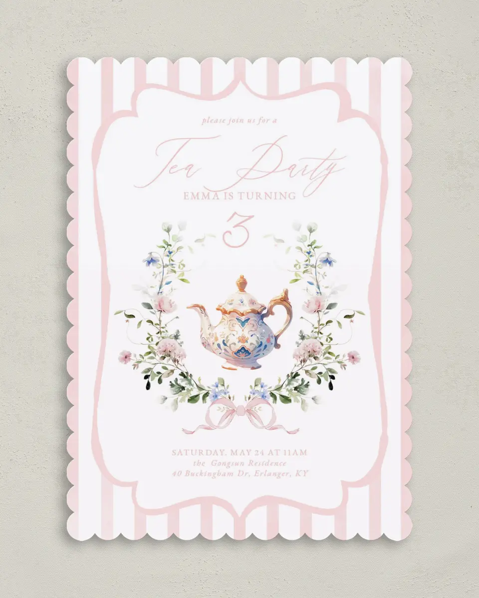 This is a 5" x 7" Birthday Party Invitation called Birthday Tea printed in full color on Premium Smooth paper