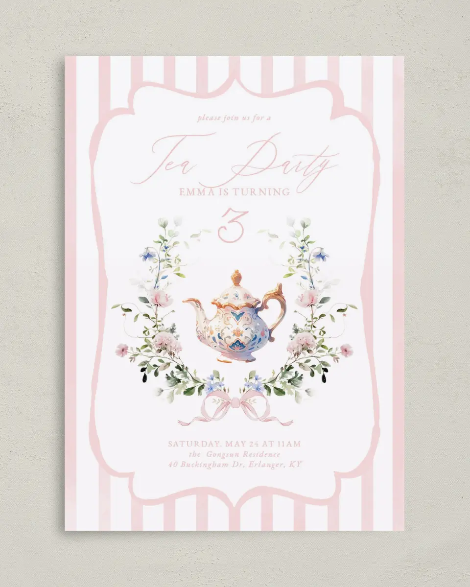 This is a 5" x 7" Birthday Party Invitation called Birthday Tea printed in full color on Premium Smooth paper
