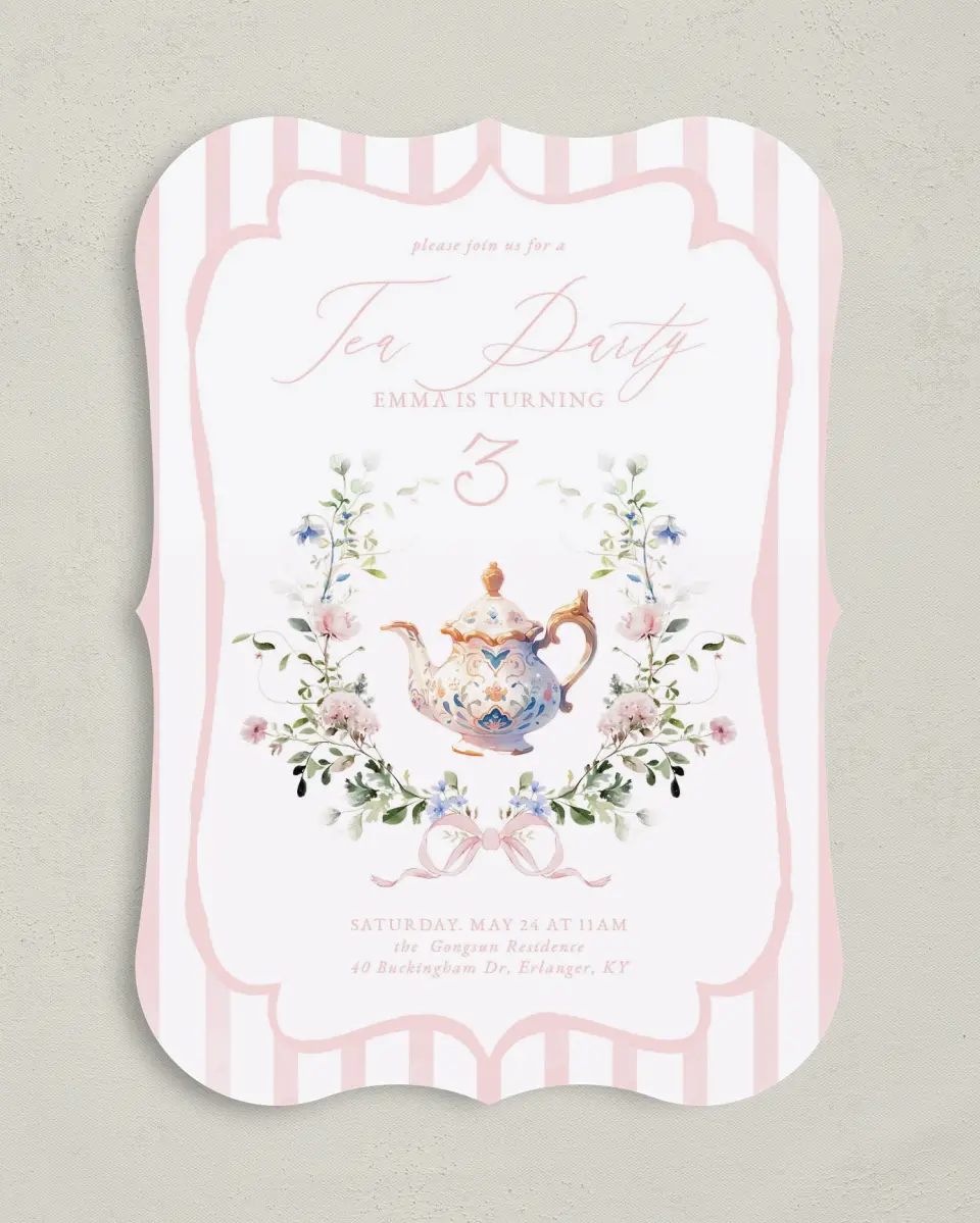 This is a 5" x 7" Birthday Party Invitation called Birthday Tea printed in full color with Gold foil on Luxe Satin (coated) paper