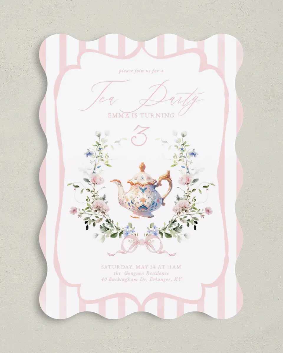 This is a 5" x 7" Birthday Party Invitation called Birthday Tea printed in full color on Premium Smooth paper