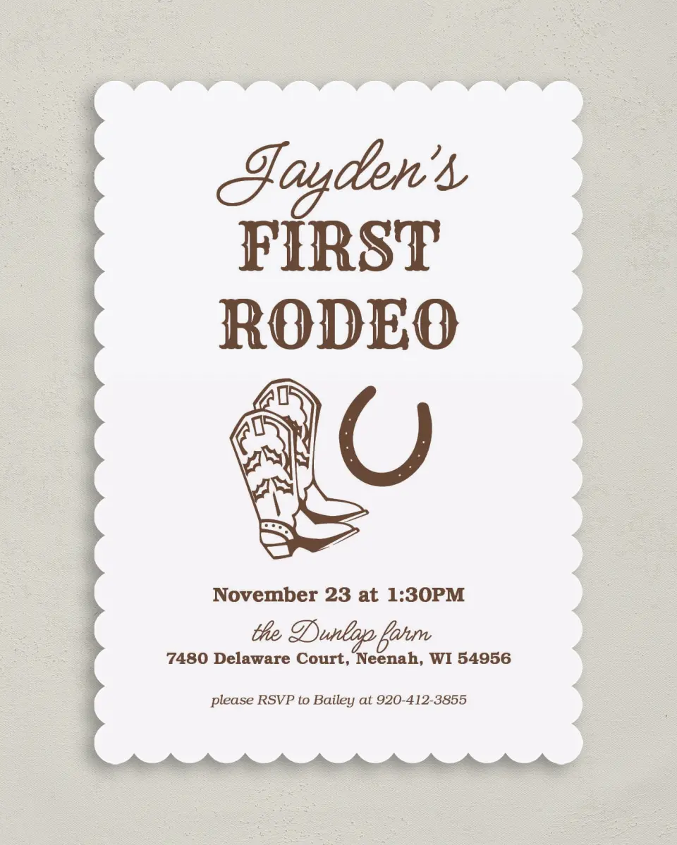 This is a 5" x 7" Birthday Party Invitation called First Rodeo printed in full color on Premium Smooth paper
