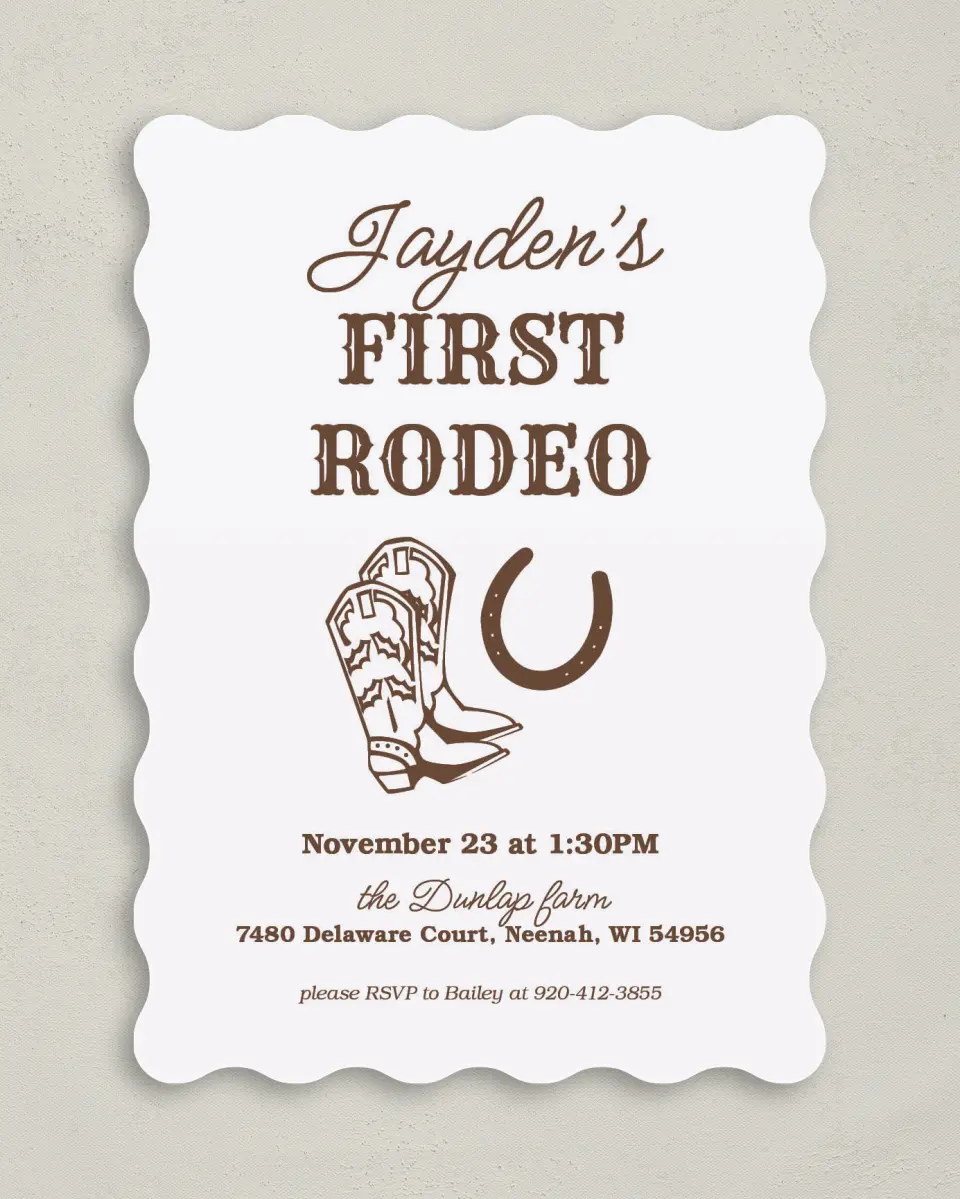 This is a 5" x 7" Birthday Party Invitation called First Rodeo printed in full color on Premium Smooth paper